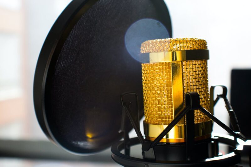close up photo of gold colored and black condenser microphone